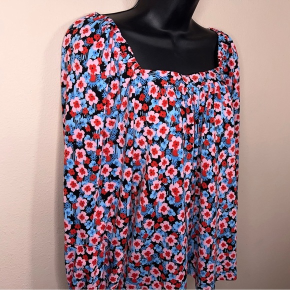 Small Pop Sugar Colorful Peasant Top Blue Pink Red Floral Square Neckline - Picture 4 of 12
